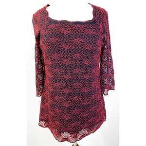 Christopher & Banks Red and Black Lace Top, Size L